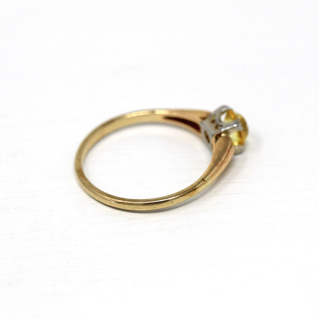 Alternative Engagement Ring - Retro Era Yellow & White Gold Round 1 CT Created Yellow Sapphire - 1940s Size 9 Solitaire Stone Fine Jewelry