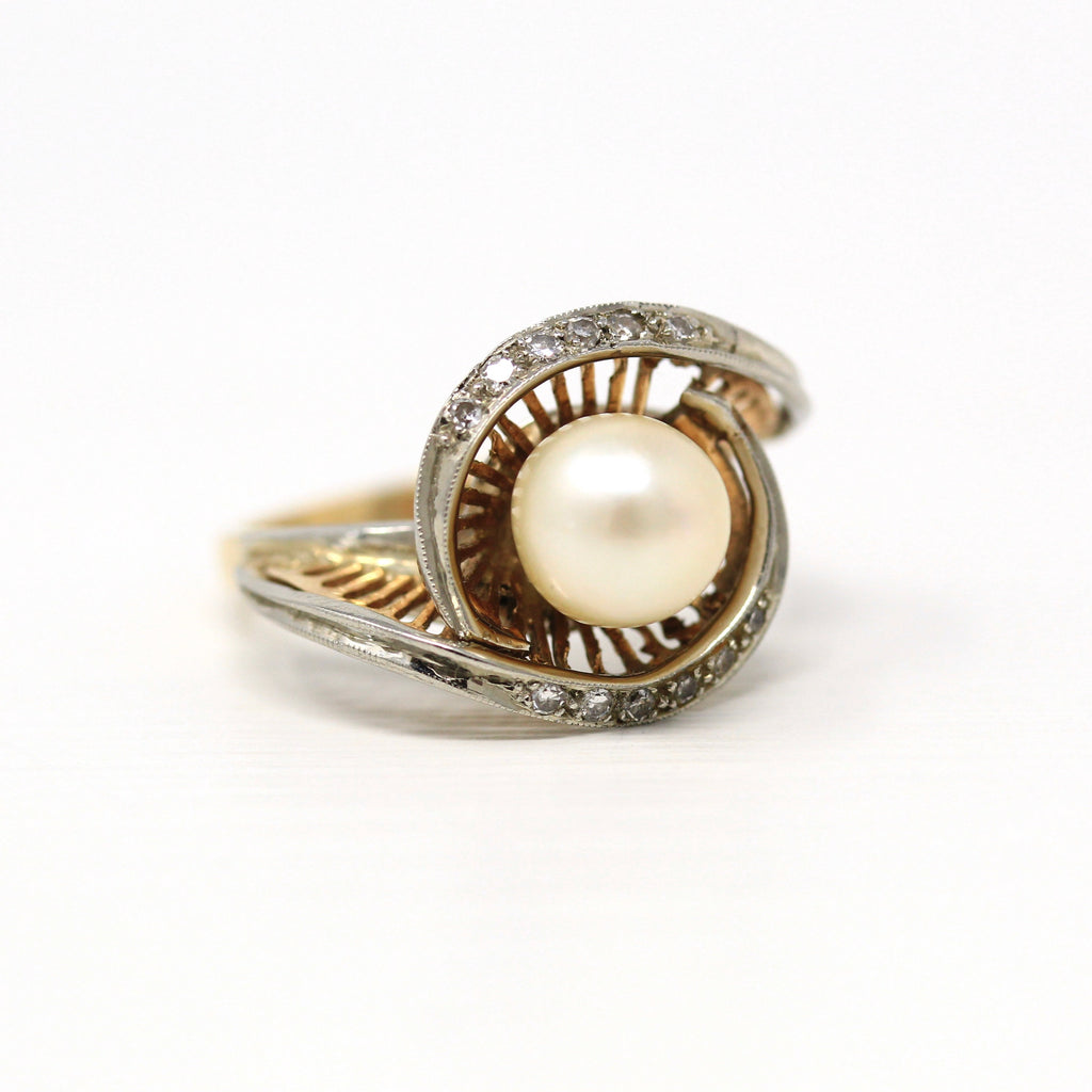 Cultured Pearl Cocktail Ring - Retro 14k Yellow & White Gold .12 Genuine Diamond Gems - Vintage Circa 1960s Era Size 8 Halo Fine 60s Jewelry