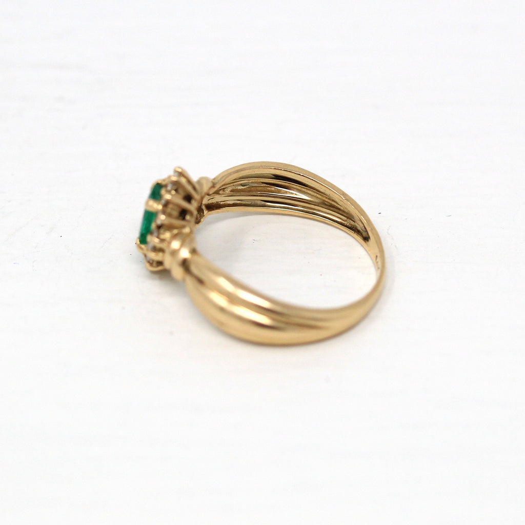 Sale - Created Emerald Ring - Estate 14k Yellow Gold Oval .28 CT Green Stone - Modern 2000's Era Size 5 Diamond Halo May Birthstone Jewelry
