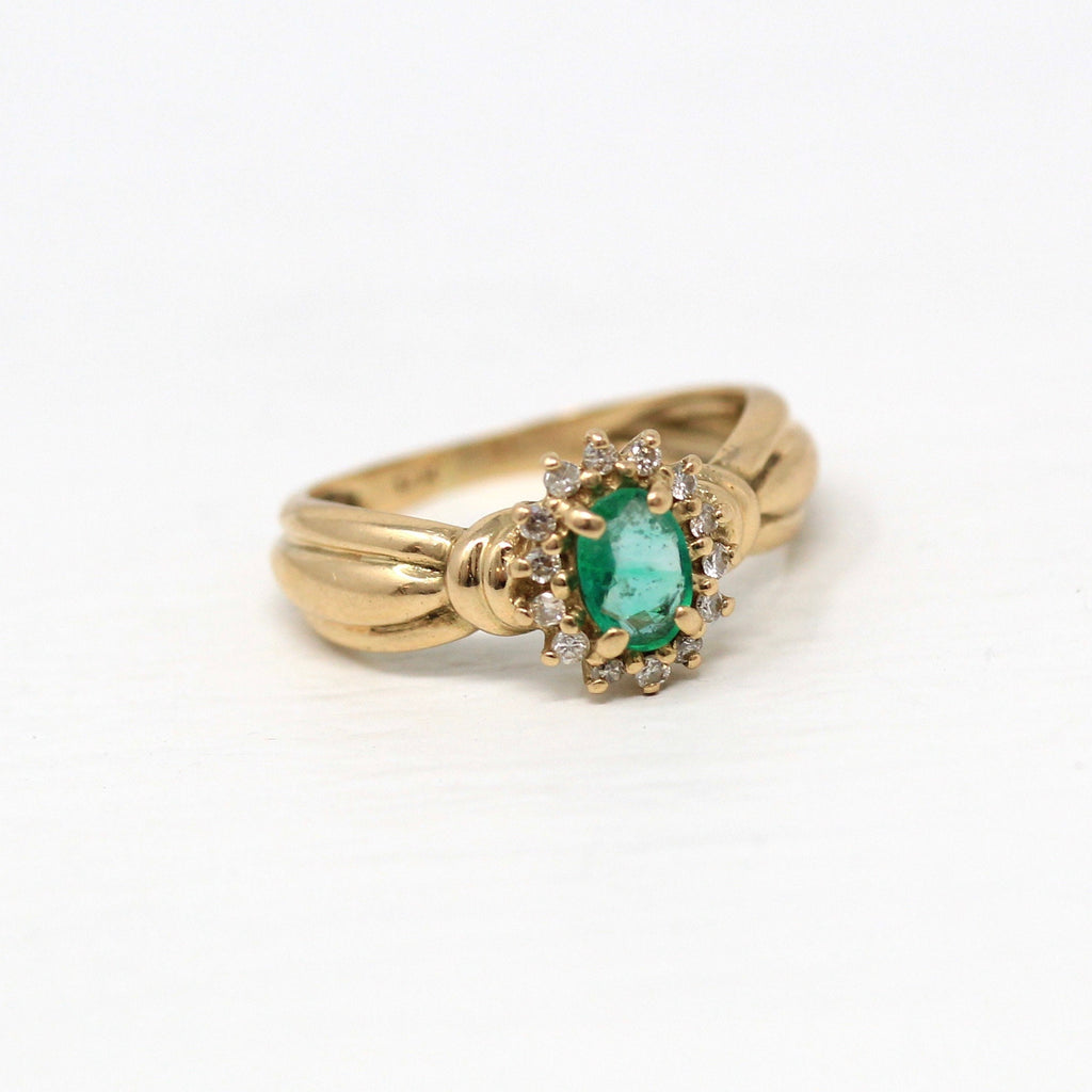 Sale - Created Emerald Ring - Estate 14k Yellow Gold Oval .28 CT Green Stone - Modern 2000's Era Size 5 Diamond Halo May Birthstone Jewelry