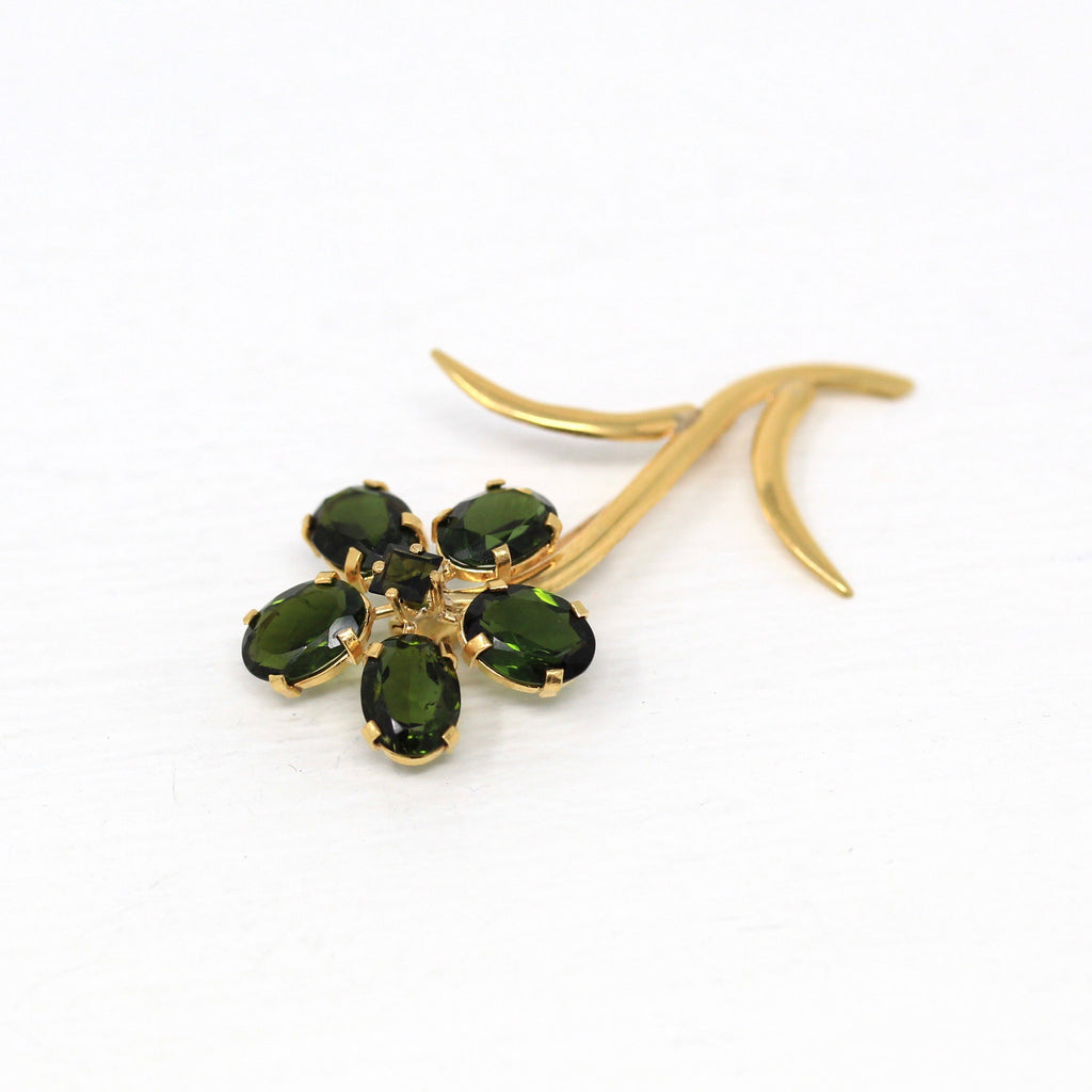 Sale - Green Tourmaline Flower Brooch - Retro 18k Yellow Gold Genuine 4.50 CTW Green Gems Pin - Vintage 1970s Fashion Accessory Fine Jewelry