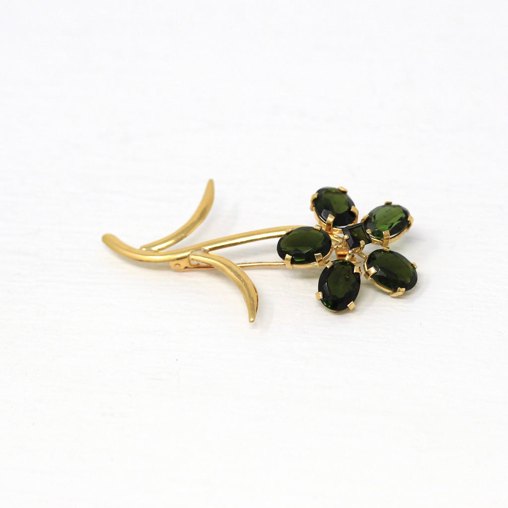 Sale - Green Tourmaline Flower Brooch - Retro 18k Yellow Gold Genuine 4.50 CTW Green Gems Pin - Vintage 1970s Fashion Accessory Fine Jewelry