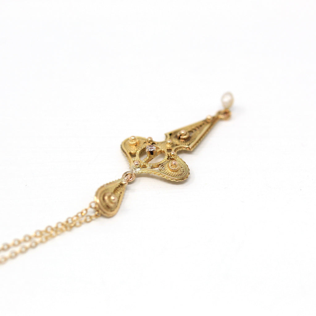 Cannetille Filigree Lavalier - Retro 10k Yellow Gold Genuine .01 CT Diamond Necklace - Vintage Circa 1940s Era Seed Pearl Pendant Jewelry