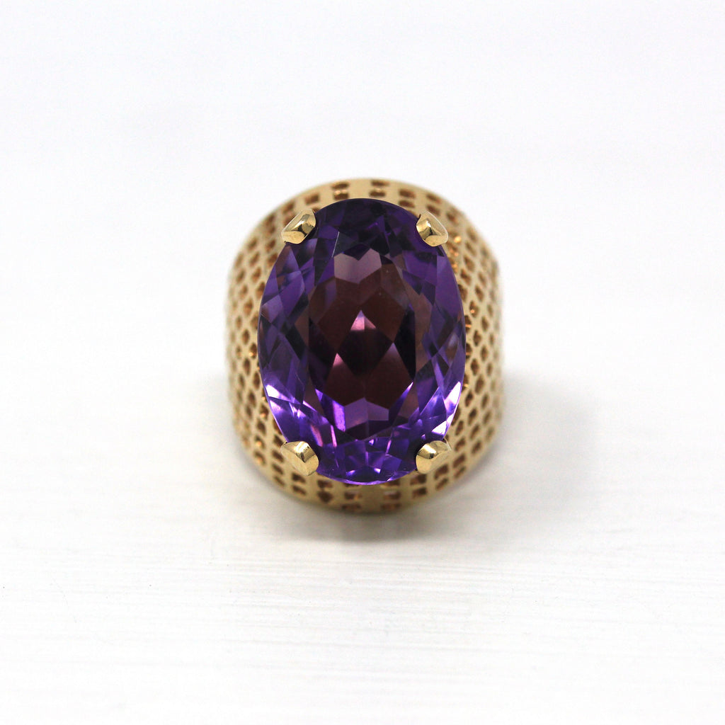 Sale - Amethyst Cocktail Ring - Retro 14k Yellow Gold Oval Cut 9.56 CT Purple Gem - Vintage Circa 1970s Era Size 4.5 Statement Fine Jewelry