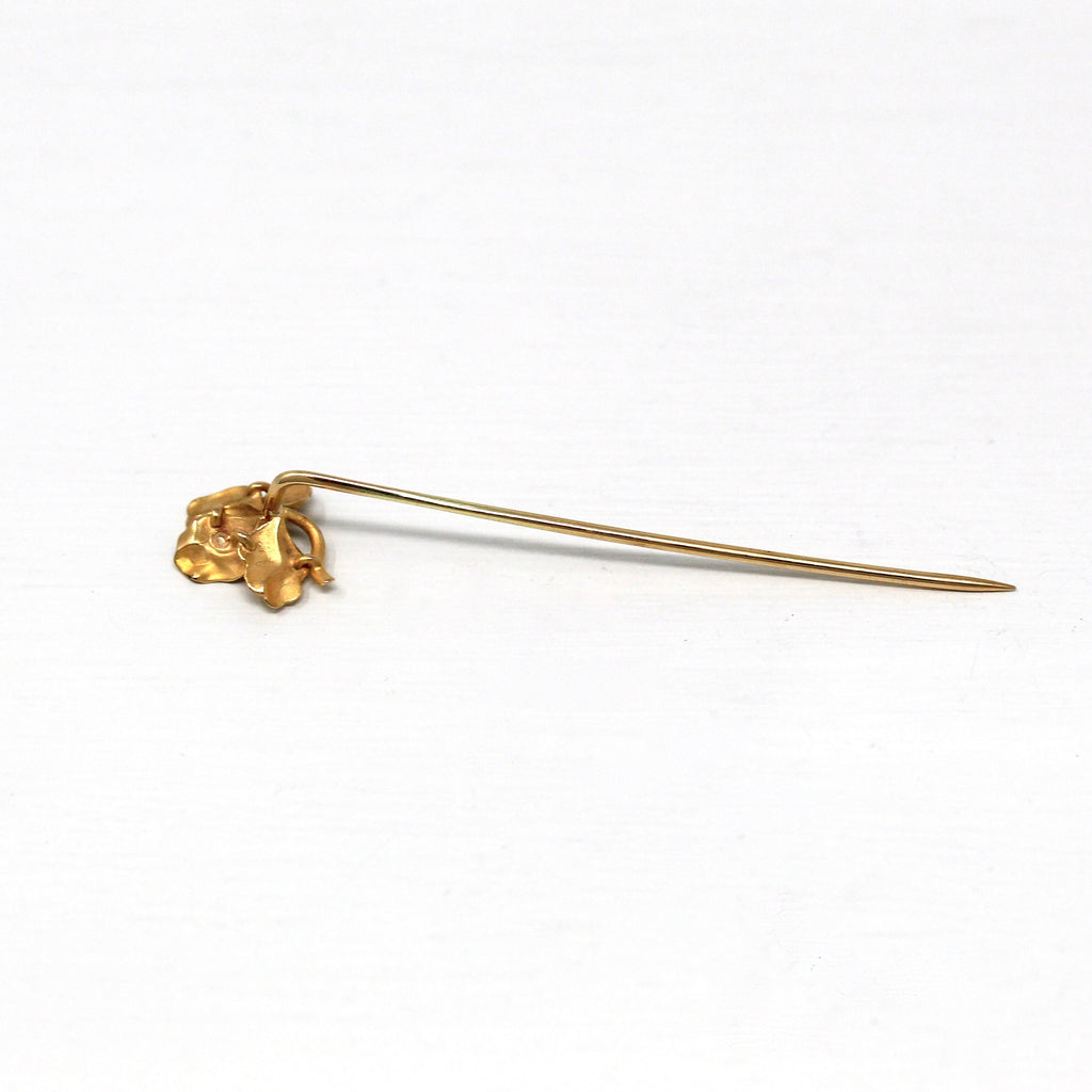 Sale - Antique Stick Pin - Edwardian 14k Yellow Gold Four Leaf Clover .02 CT Diamond - Vintage Circa 1910s Era Fashion Accessory Gem Jewelry