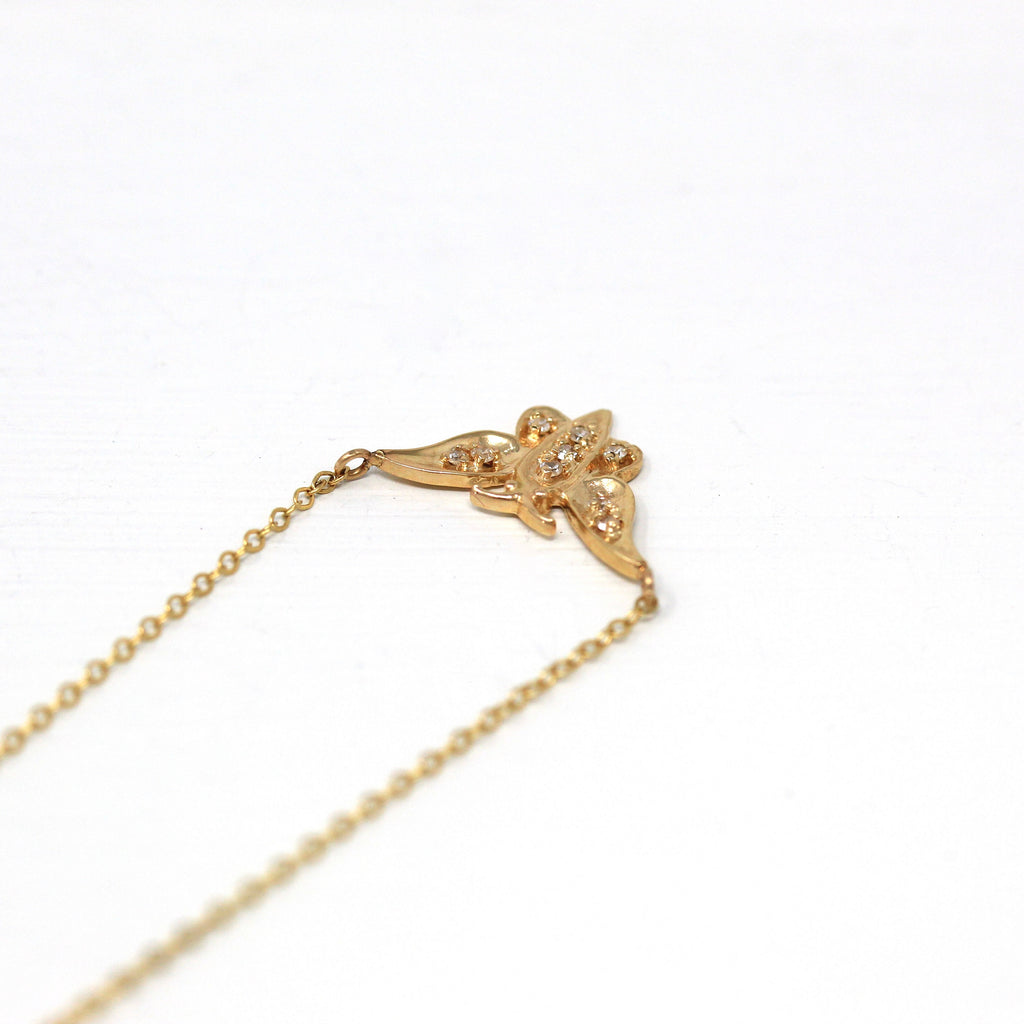Sale - Modern Butterfly Necklace - Estate 14k Yellow Gold Winged Insect - Circa 1980S Era Genuine .045 CTW Diamonds Conversion Fine Jewelry