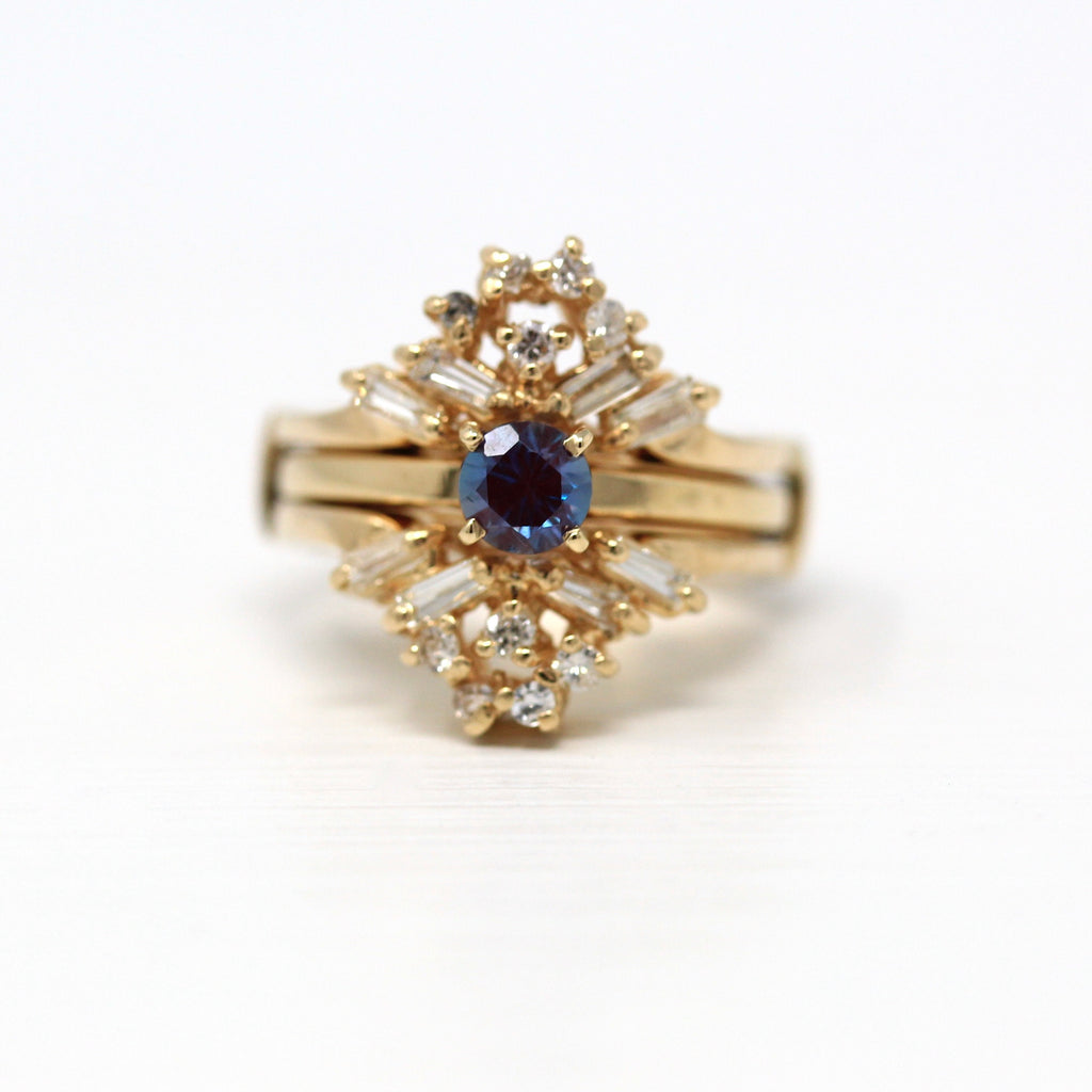 Sale - Engagement Ring Set - Modern 14k Yellow Gold .6 CT Created Alexandrite & Diamonds - Estate Size 5.25 Engagement Wedding Fine Jewelry