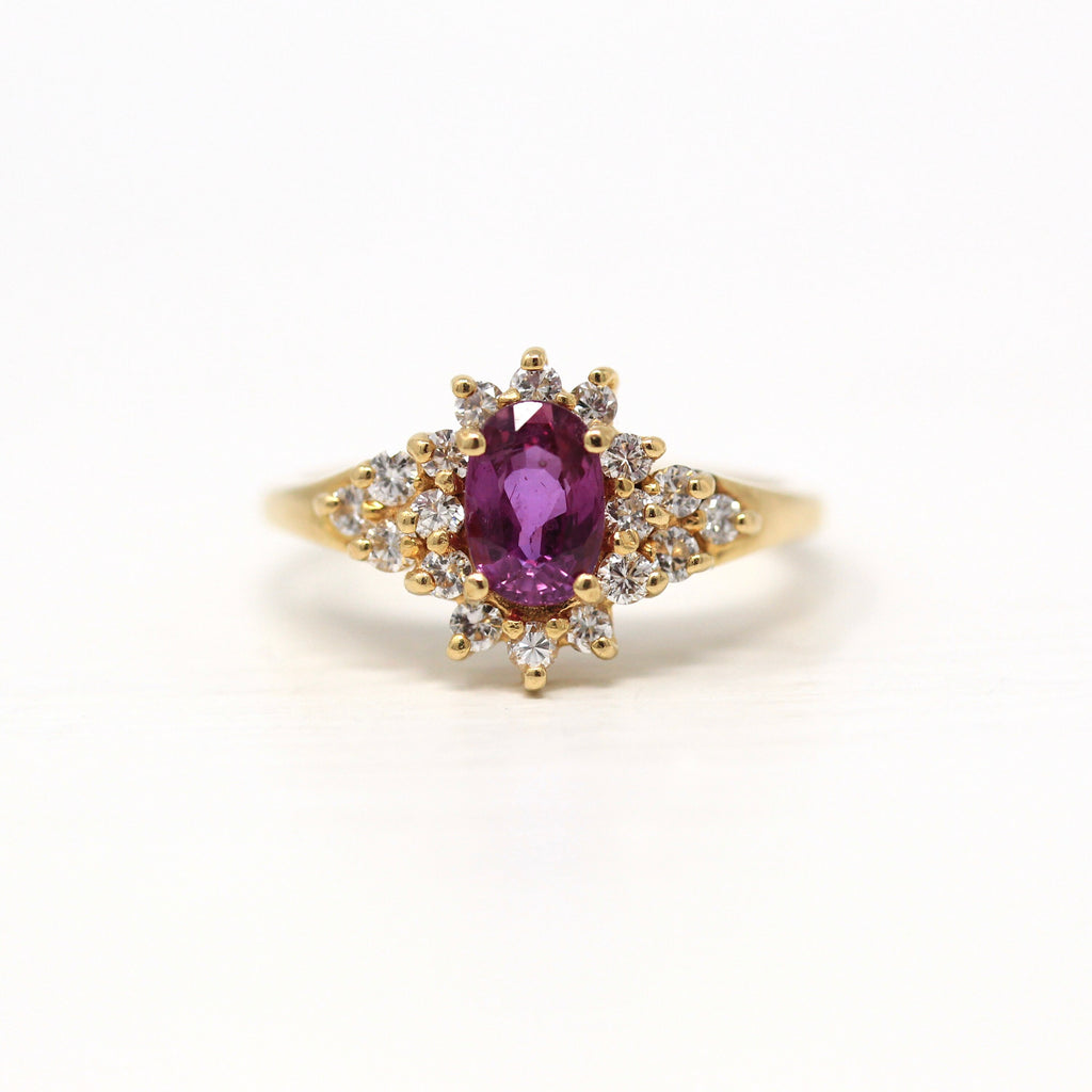 Pink Sapphire & Diamond Ring - Modern Estate 14k Yellow Gold .59 Carat Pink Oval Gem With Halo - Cocktail Engagement Fine Jewelry w/ Report