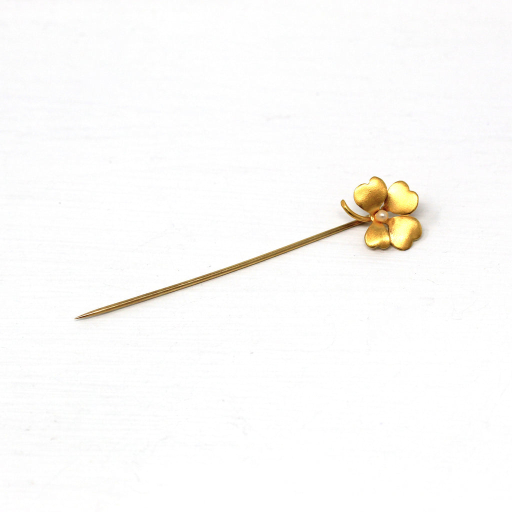 Sale - Antique Stick Pin - Edwardian 18k & 14k Yellow Gold Four Leaf Clover Seed Pearl - Vintage 1910s Era Fashion Accessory Fine Jewelry