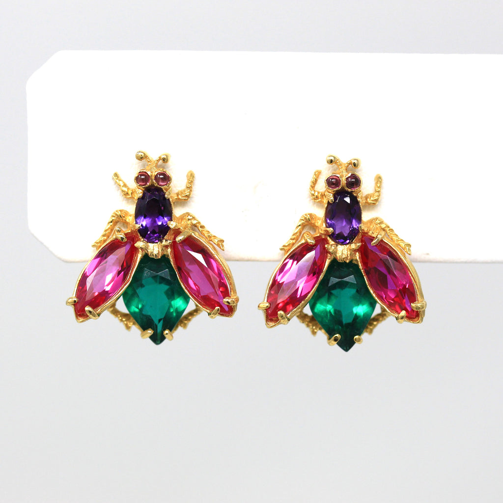 Sale - Vintage Bug Earrings - Retro 18k Yellow Gold Bee Insect Pierced Studs - Circa 1960s Era Amethyst Created Rubies Green Glass Jewelry