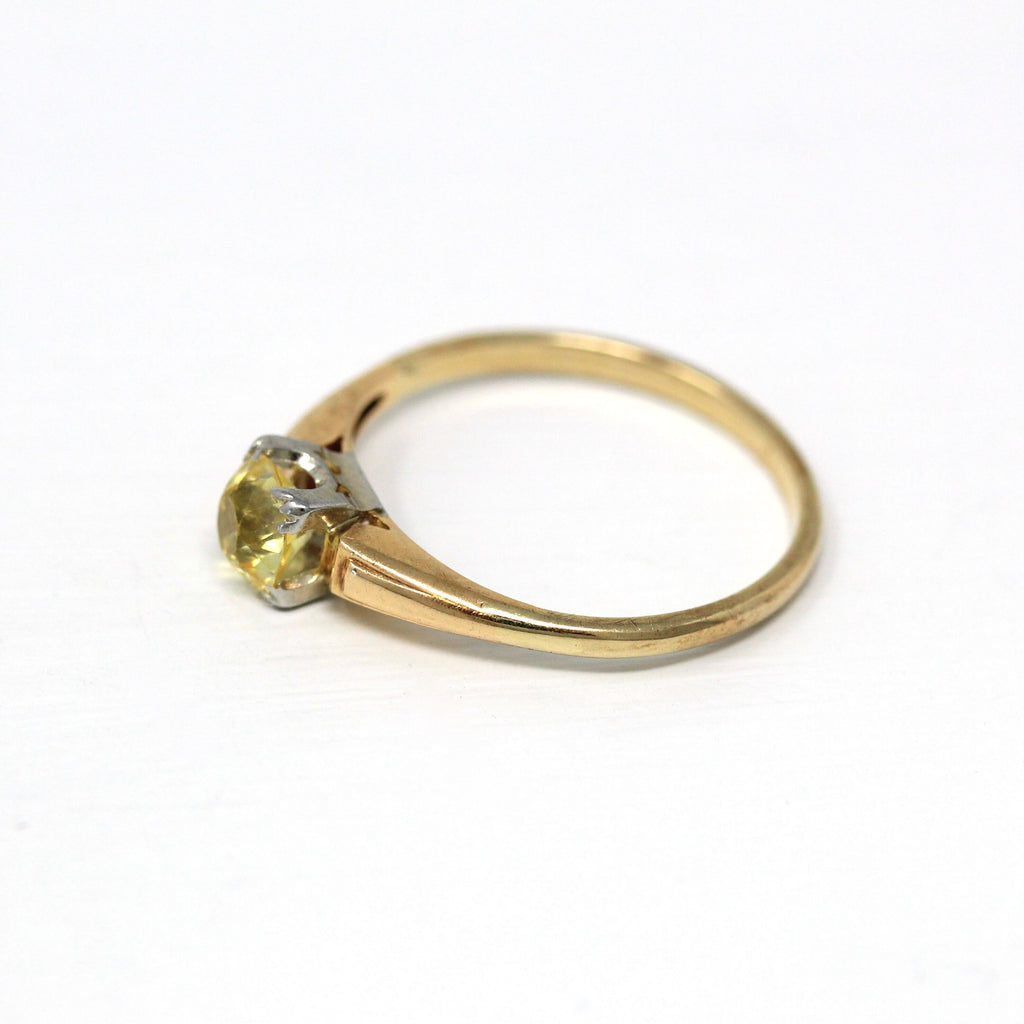 Alternative Engagement Ring - Retro Era Yellow & White Gold Round 1 CT Created Yellow Sapphire - 1940s Size 9 Solitaire Stone Fine Jewelry