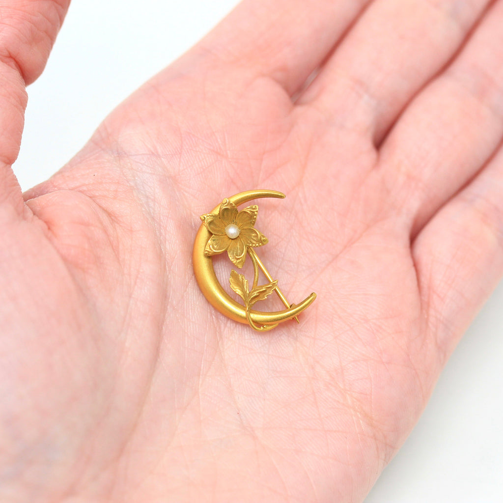 Sale - Crescent Moon Brooch - Vintage Art Nouveau 10k Yellow Gold Flower Celestial Pin - Antique Circa 1910s Seed Pearl Accessory Jewelry