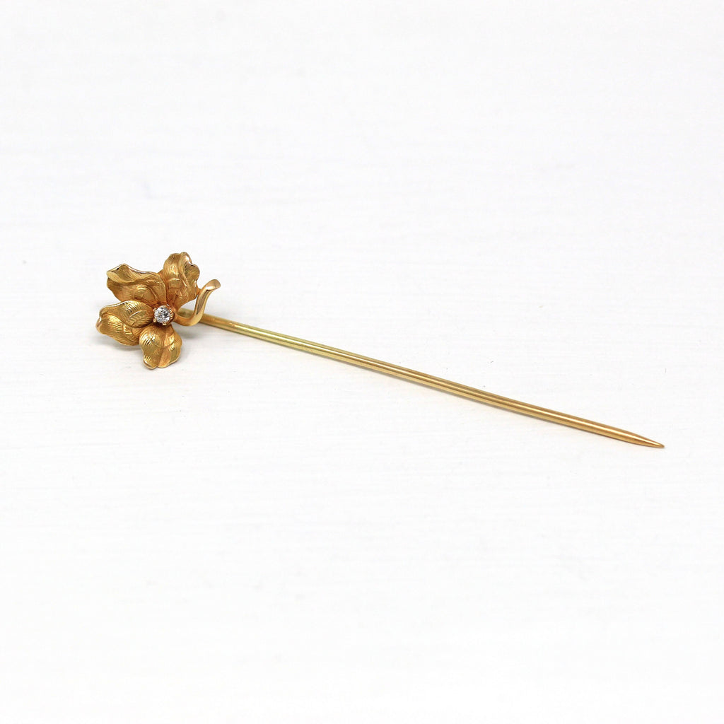 Antique Stick Pin - Edwardian 14k Yellow Gold Four Leaf Clover .02 CT Diamond - Vintage Circa 1910s Era Fashion Accessory Fine Gem Jewelry