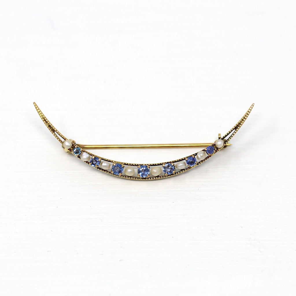 Sale - Crescent Moon Brooch - Edwardian 10k Yellow Gold Genuine Sapphires Seed Pearls Pin - Antique Circa 1910s Celestial Accessory Jewelry