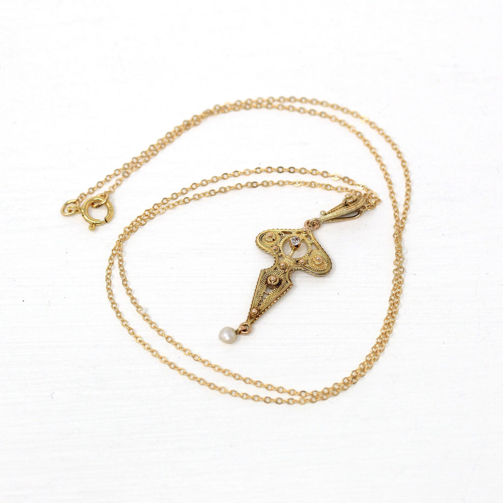 Cannetille Filigree Lavalier - Retro 10k Yellow Gold Genuine .01 CT Diamond Necklace - Vintage Circa 1940s Era Seed Pearl Pendant Jewelry