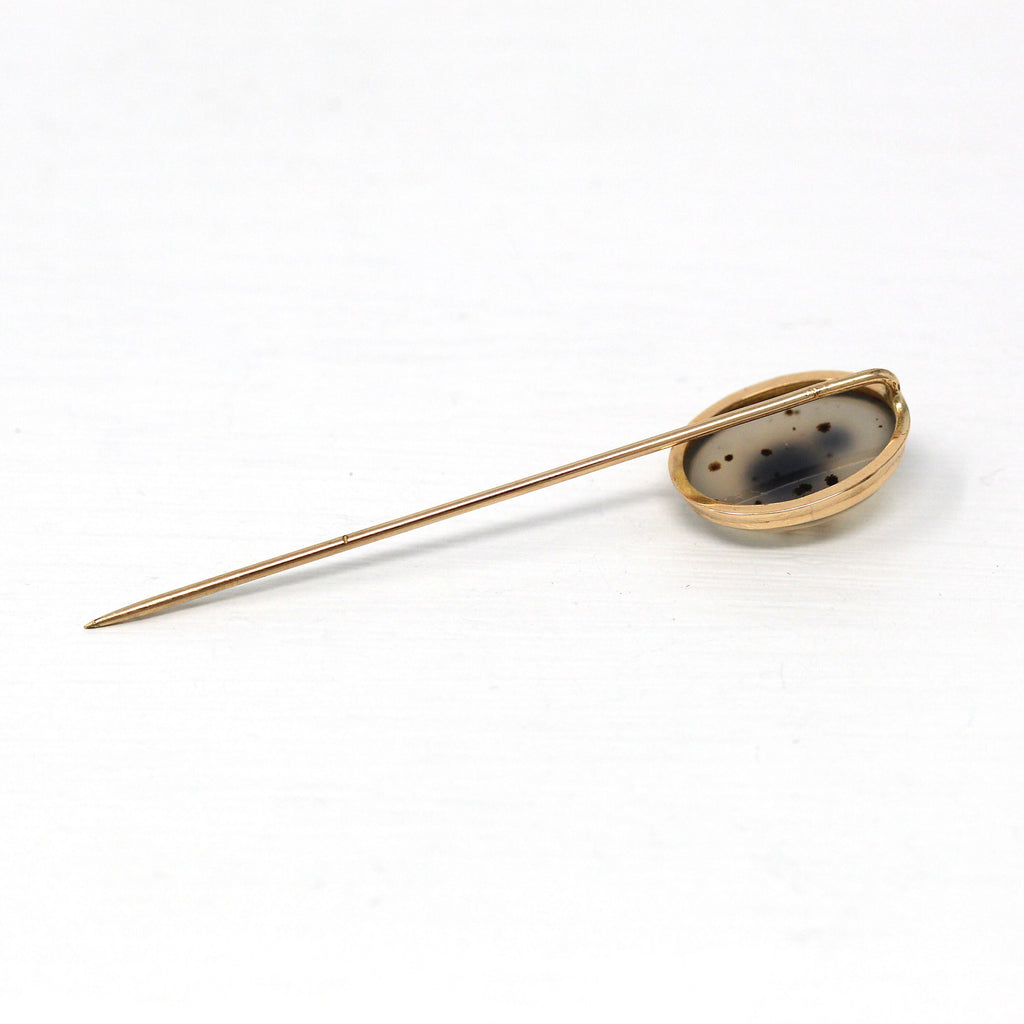 Sale - Vintage Stick Pin - Retro 10k Yellow Gold Genuine 8.23 CT Agate Gemstone Bezel Cabochon - Circa 1960s Era Hat Scarf Accessory Jewelry