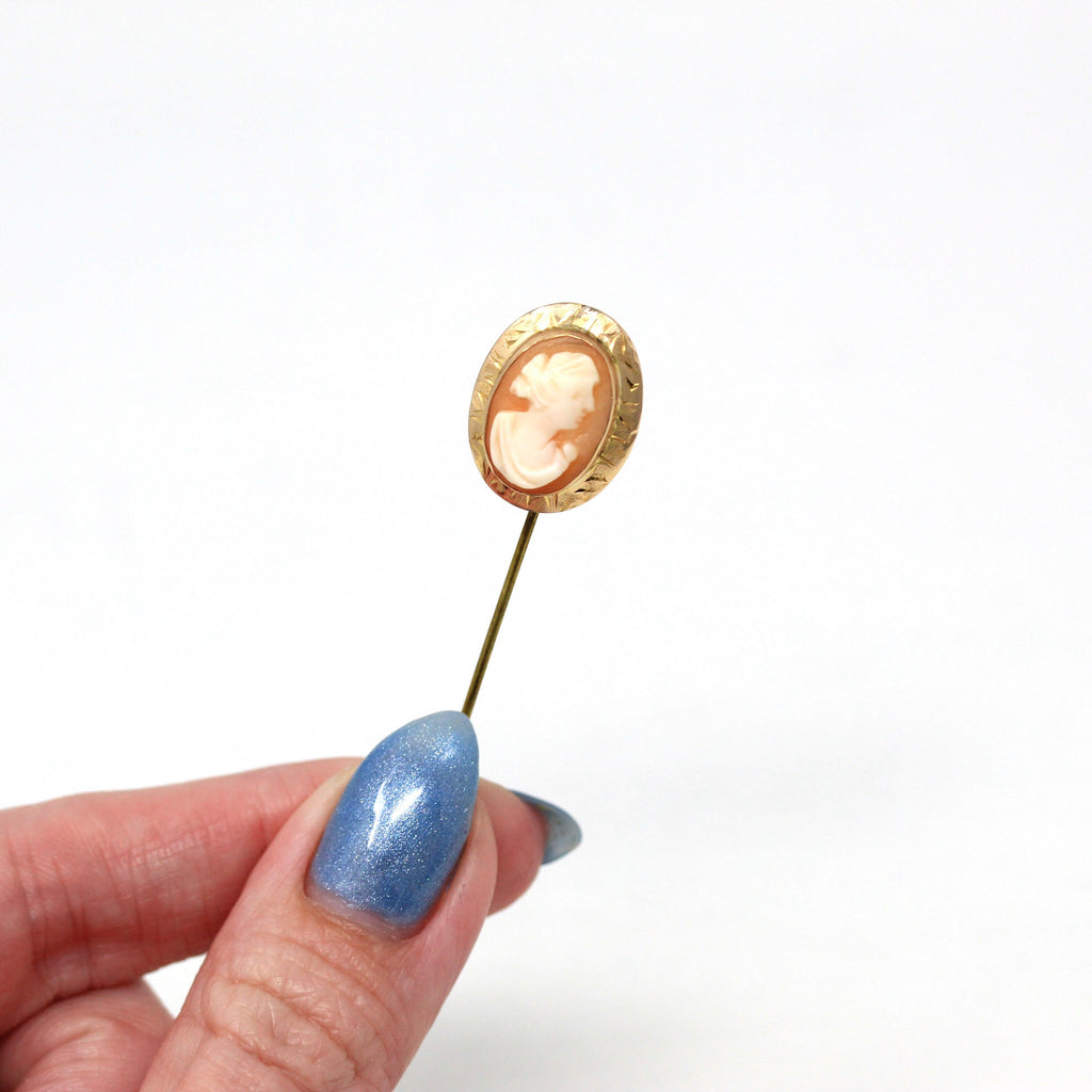 Sale - Antique Stick Pin - Edwardian 10k Yellow Gold & Base Metal Stem Carved Shell Cameo - Vintage Circa 1910s Fashion Accessory Jewelry