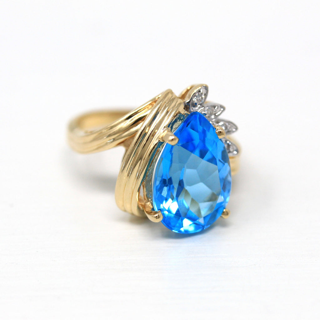 Blue Topaz Ring - Estate 14k Yellow Gold Genuine Pear Cut 6.74 CT Gem - Modern Circa 2000's Size 6 3/4 Diamond December Birthstone Jewelry