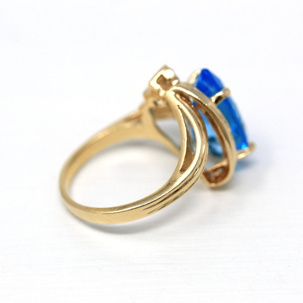 Blue Topaz Ring - Estate 14k Yellow Gold Genuine Pear Cut 6.74 CT Gem - Modern Circa 2000's Size 6 3/4 Diamond December Birthstone Jewelry