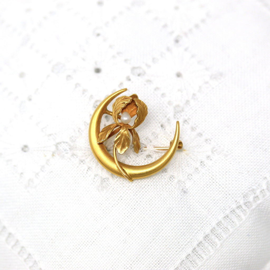 Sale - Crescent Moon Brooch - Art Nouveau 10k Yellow Gold Iris Flower Celestial Pin - Antique Circa 1910s Seed Pearl Fine Accessory Jewelry