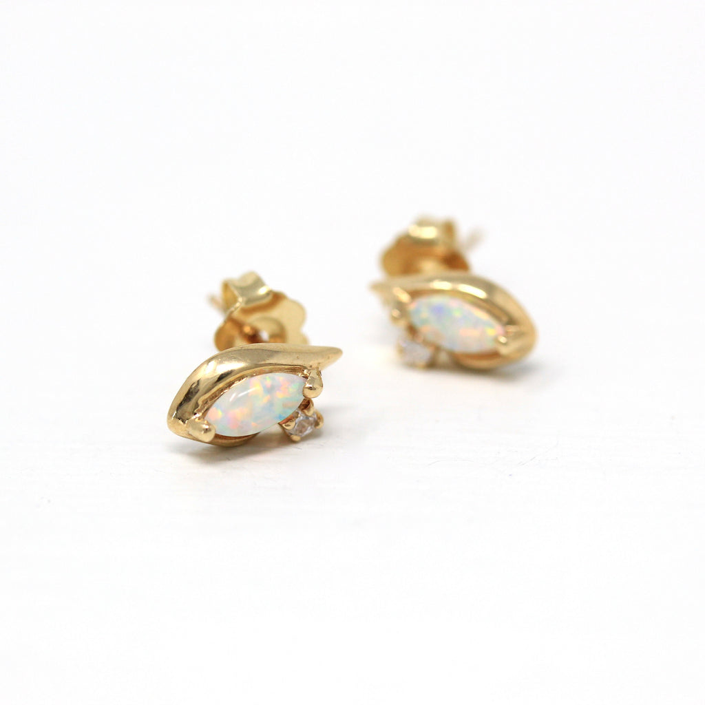 Created Opal Earrings - Modern 10k Yellow Gold Marquise Cut .16 CTW Stones Studs - Estate Circa 2000's Era October Birthstone Fine Jewelry