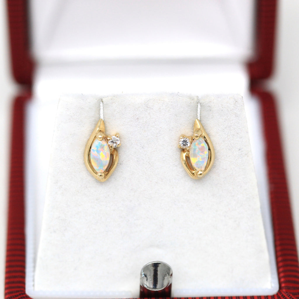 Created Opal Earrings - Modern 10k Yellow Gold Marquise Cut .16 CTW Stones Studs - Estate Circa 2000's Era October Birthstone Fine Jewelry