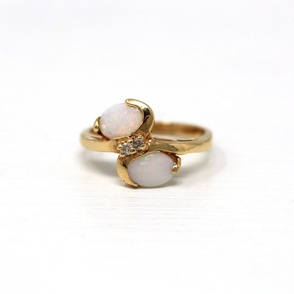 Vintage Opal Ring - 14k Yellow Gold Oval Cabochon Cut .6 CT Genuine Gems Diamond Accent - Circa 1970s Retro Size 5.75 October Fine Jewelry