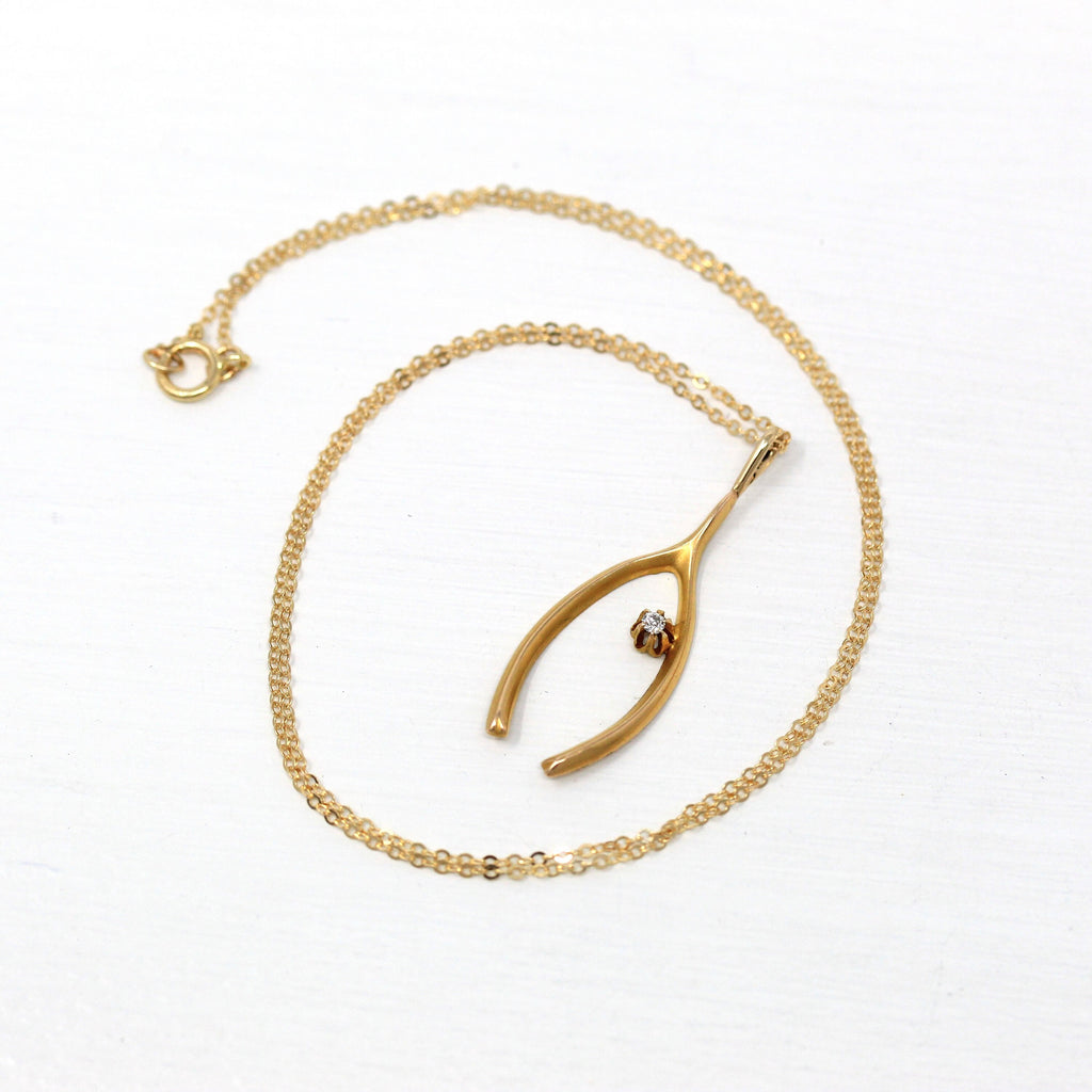 Antique Wishbone Pendant - Edwardian 10k Yellow Gold Brooch Conversion Necklace - Vintage Circa 1910s Era Diamond Gem Fine Good Luck Jewelry