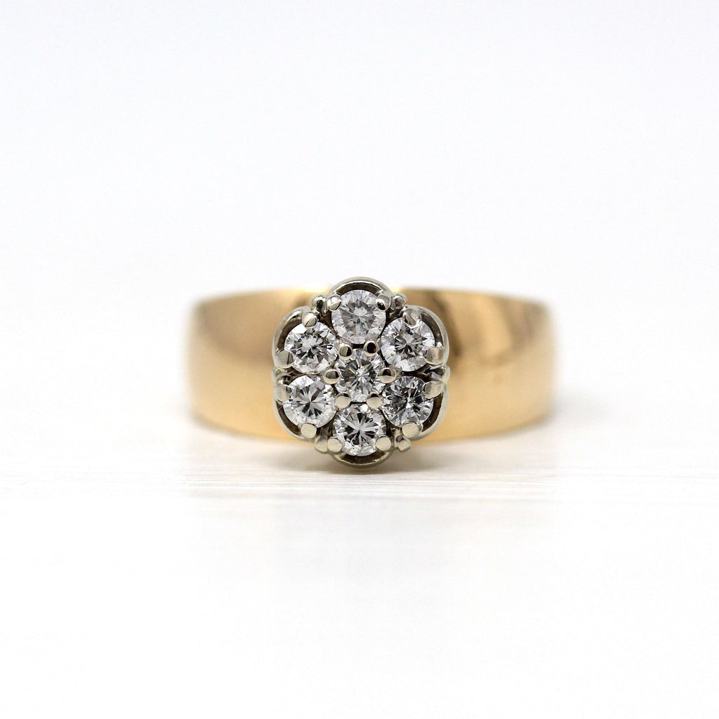 Genuine Diamond Ring - Retro 14k Yellow & White Gold .42 CTW Daisy Flower Gemstones - Vintage Circa 1970s Era Size 6 3/4 Engagement Jewelry