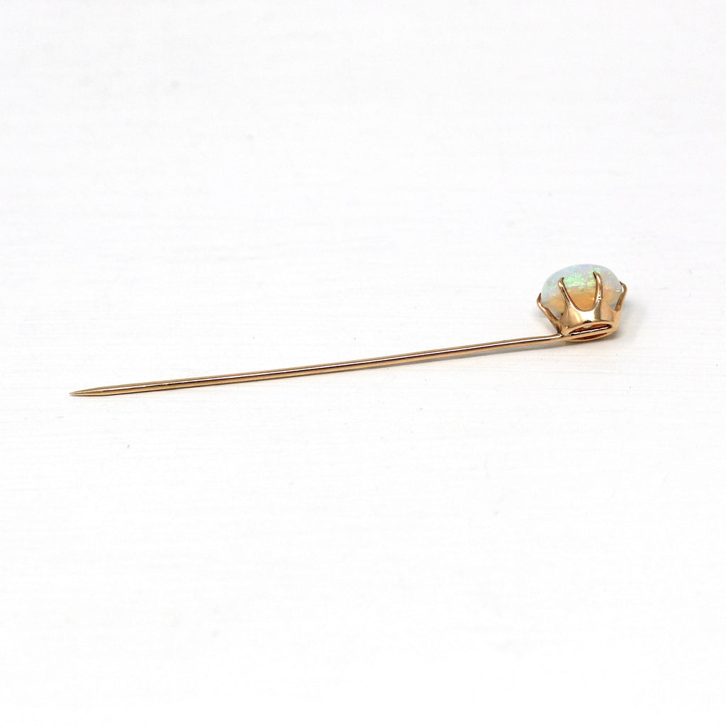 Opal Stick Pin - Edwardian 10k Yellow Gold Genuine 1.57 CT Gemstone - Antique Circa 1910s October Birthstone Accessory Fine Fashion Jewelry