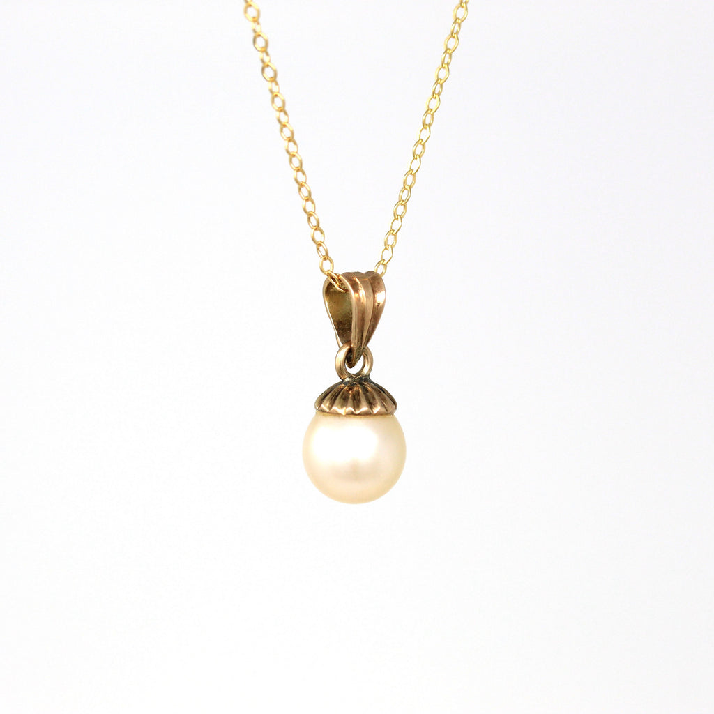Cultured Pearl Necklace - Estate 14k Yellow Gold Organic Gemstone Pendant Charm Fob - Modern June Birthstone Fine Classic Bridal Jewelry