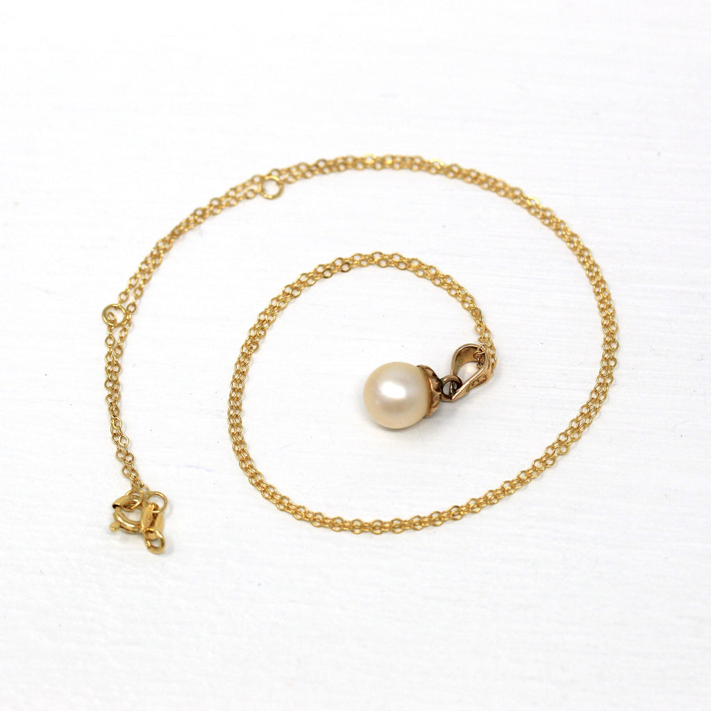 Cultured Pearl Necklace - Estate 14k Yellow Gold Organic Gemstone Pendant Charm Fob - Modern June Birthstone Fine Classic Bridal Jewelry