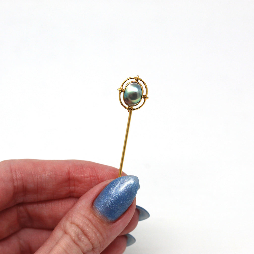 Sale - Vintage Stick Pin - 1940s 10k Yellow Gold Blister Pearl Decorative Pin - Retro Colorful Gem Fashion Accessory Neckwear Device Jewelry