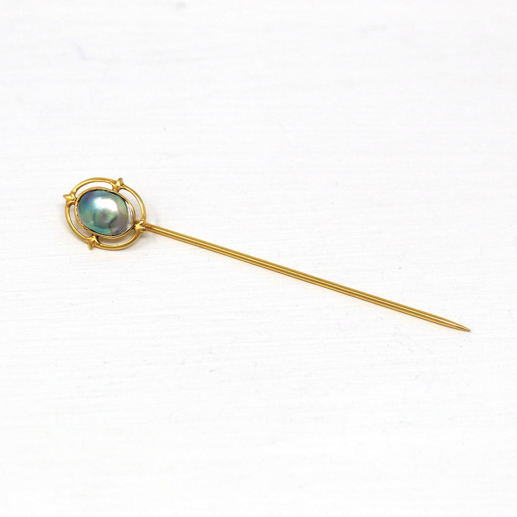 Sale - Vintage Stick Pin - 1940s 10k Yellow Gold Blister Pearl Decorative Pin - Retro Colorful Gem Fashion Accessory Neckwear Device Jewelry