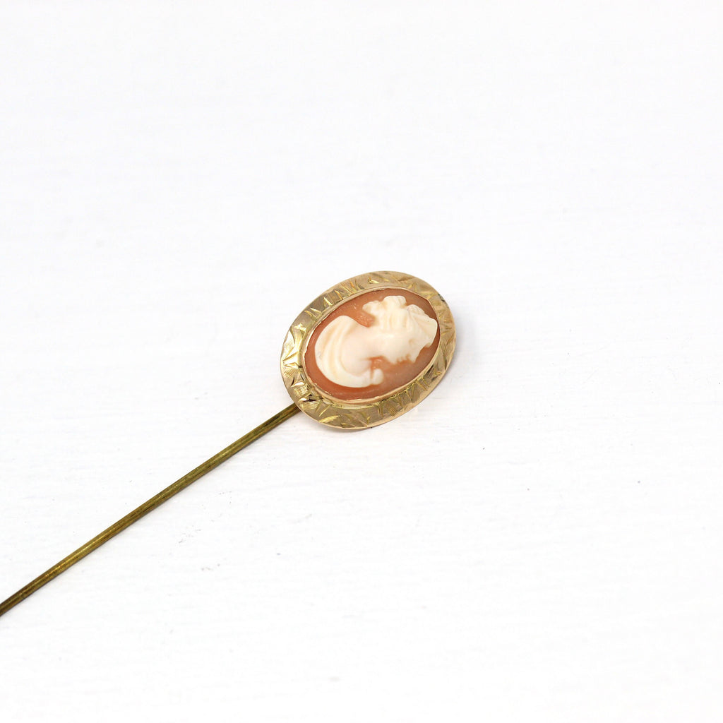 Sale - Antique Stick Pin - Edwardian 10k Yellow Gold & Base Metal Stem Carved Shell Cameo - Vintage Circa 1910s Fashion Accessory Jewelry