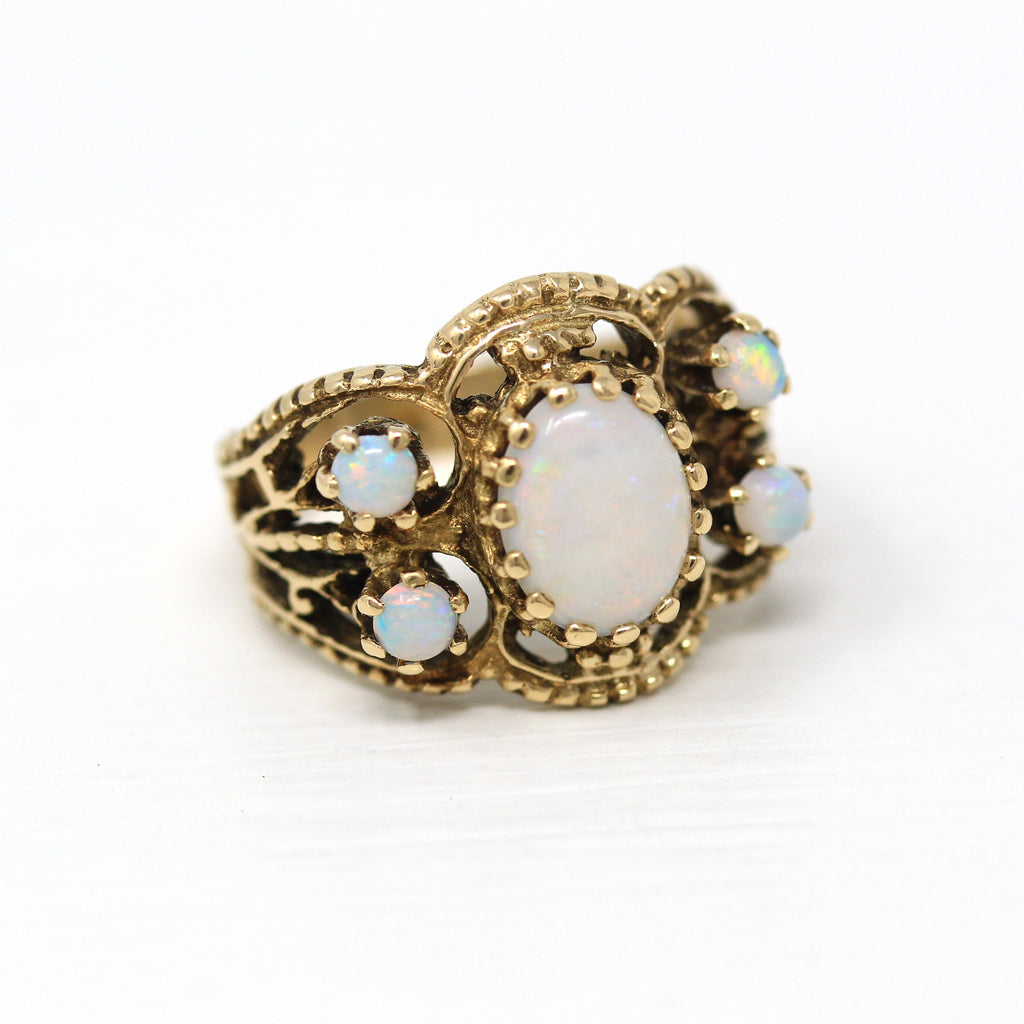 Genuine Opal Ring - Retro 14k Yellow Gold Genuine 1.13 CTW Gemstones - Vintage Circa 1970s Era Size 6 Rope Filigree Design Fine 70s Jewelry