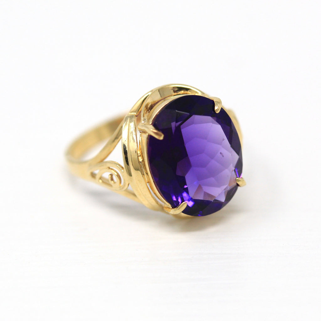 Genuine Amethyst Ring - Modern 14k Yellow Gold Oval Faceted 4.95 CT Purple Gem - Estate Circa 2000s Era Size 8 February Birthstone Jewelry