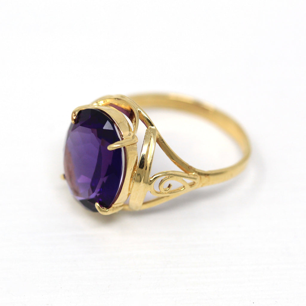 Genuine Amethyst Ring - Modern 14k Yellow Gold Oval Faceted 4.95 CT Purple Gem - Estate Circa 2000s Era Size 8 February Birthstone Jewelry