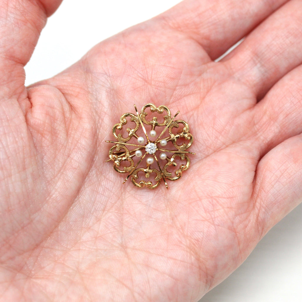 Sale - Antique Starburst Brooch - Edwardian 10k Yellow Gold Genuine .09 CT Old European Diamond Pin - Circa 1910s Era Seed Pearls Jewelry