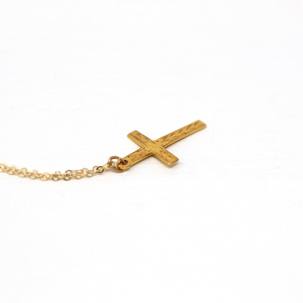 Vintage Cross Necklace - Retro 10k Yellow Gold Engraved Etched Pendant Charm - Circa 1940s Era Dainty Petite Religious Faith Fine Jewelry