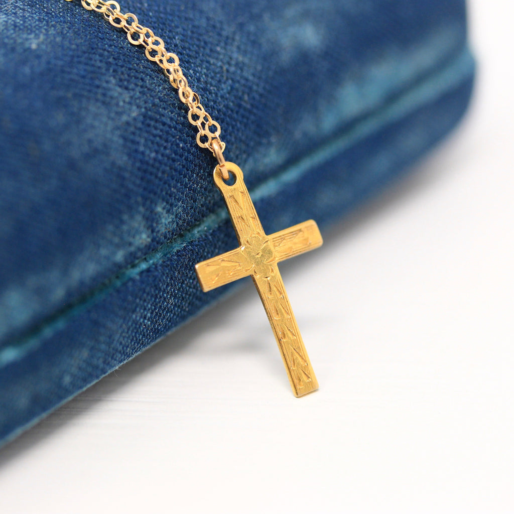 Vintage Cross Necklace - Retro 10k Yellow Gold Engraved Etched Pendant Charm - Circa 1940s Era Dainty Petite Religious Faith Fine Jewelry