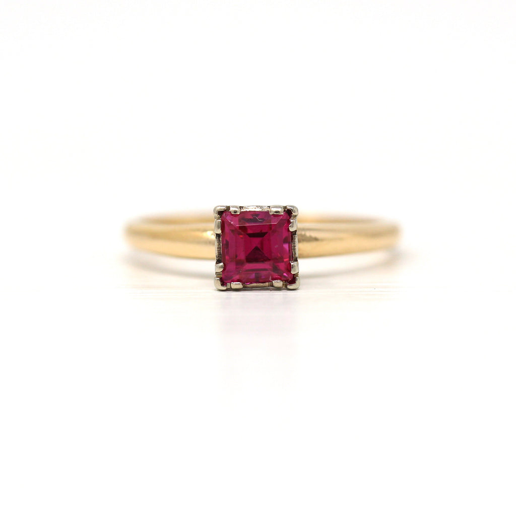 Created Ruby Ring - Vintage 14k Yellow Gold Square Faceted .92 CT Reddish Pink Stone - Retro 1960s Size 7 1/2 July Birthstone Fine Jewelry