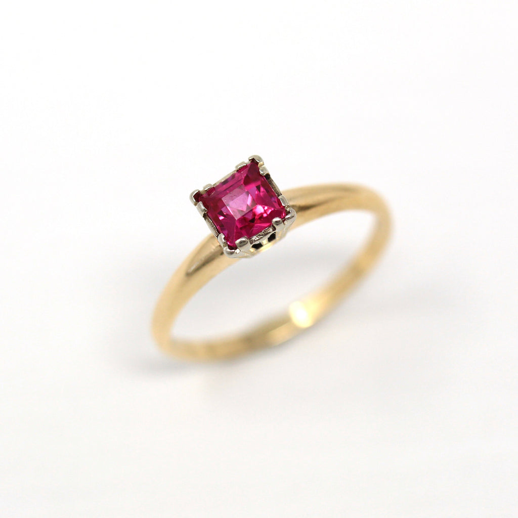 Created Ruby Ring - Vintage 14k Yellow Gold Square Faceted .92 CT Reddish Pink Stone - Retro 1960s Size 7 1/2 July Birthstone Fine Jewelry