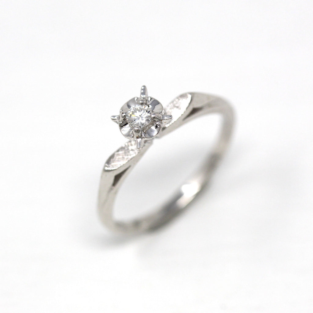 Sale - Mid Century Engagement Ring - Vintage 14k White Gold Genuine .08 CT Diamond Gem - Circa 1950s Size 6.5 Classic Solitaire Fine Jewelry