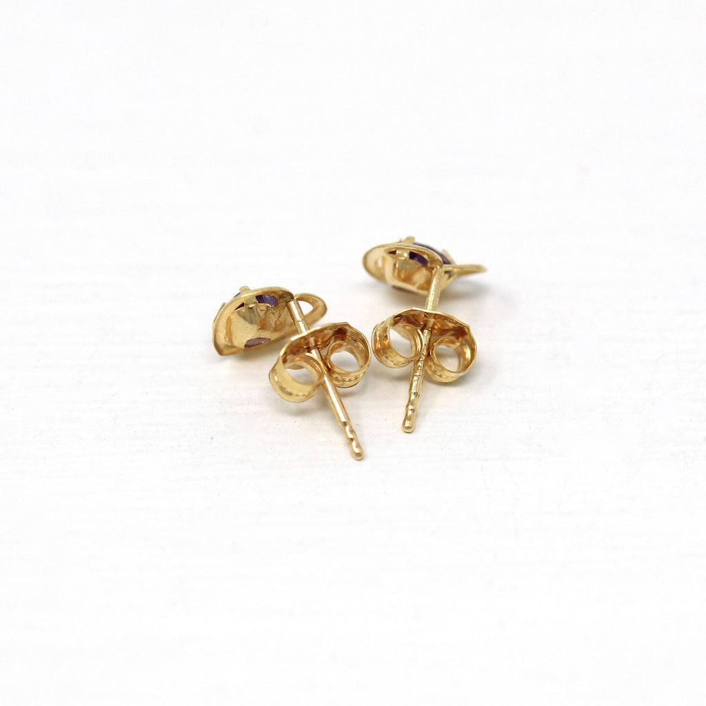 Genuine Amethyst Earrings - Retro 14k Yellow Gold Purple Heart Cut Gemstones Studs - Vintage Circa 1970s Era February Birthstone 70s Jewelry