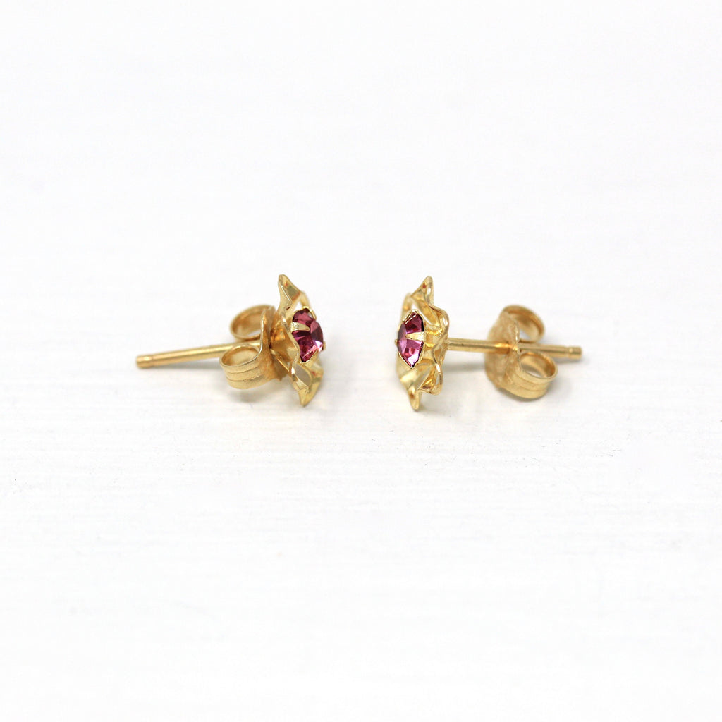 Sale - Vintage Flower Earrings - Retro 14k Yellow Gold Simulated Pink Sapphire Glass Stone Studs - Circa 1970s Era Dainty Floral 70s Jewelry
