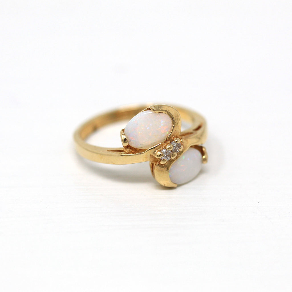 Vintage Opal Ring - 14k Yellow Gold Oval Cabochon Cut .6 CT Genuine Gems Diamond Accent - Circa 1970s Retro Size 5.75 October Fine Jewelry
