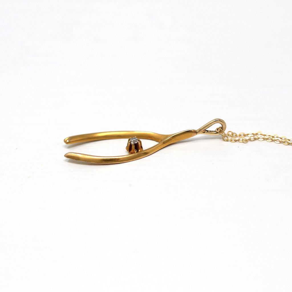 Antique Wishbone Pendant - Edwardian 10k Yellow Gold Brooch Conversion Necklace - Vintage Circa 1910s Era Diamond Gem Fine Good Luck Jewelry