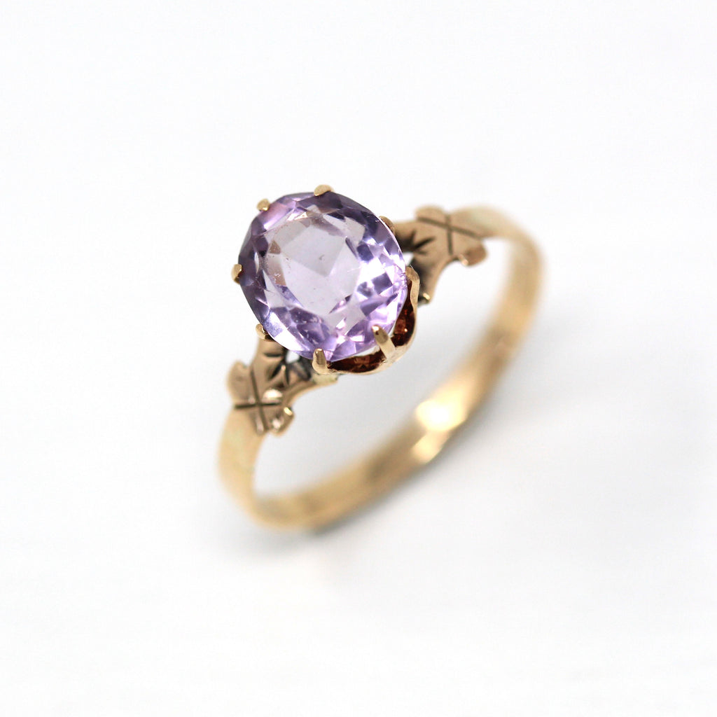 Genuine Amethyst Ring - Victorian 10k Yellow Rose Gold Oval Faceted Purple 1.7 CT Gem - Antique Circa 1890s Size 6 3/4 Fine February Jewelry