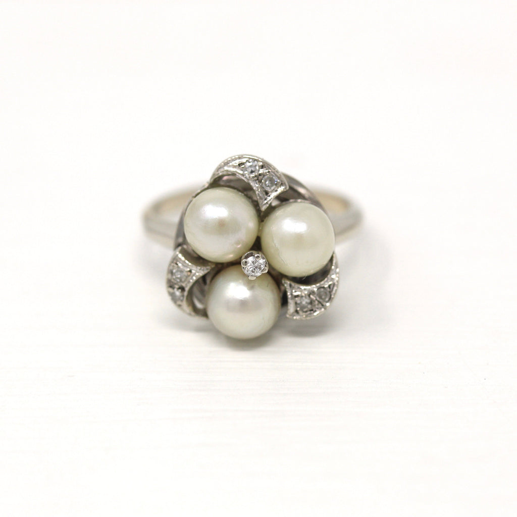 Mid Century Pearl Ring - Vintage 14k White Gold Cultured Pearl Genuine .08 CTW Diamond Gems - Circa 1950s Era Size 7.5 Cocktail Fine Jewelry